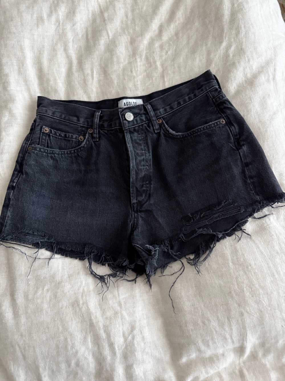 Agolde Black Frayed Hem Denim Cutoff Shorts